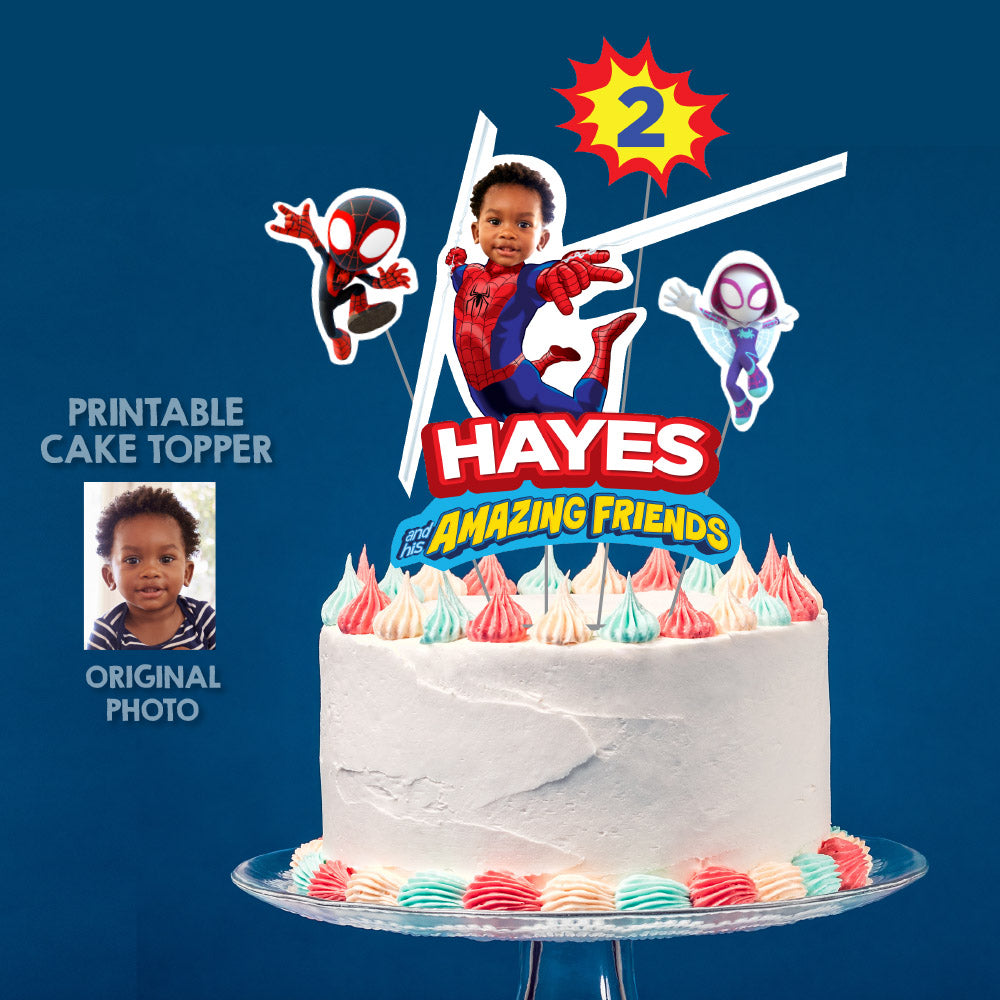 Spidey and his amazing friends birthday cake topper with kid as Spiderman (Print, Cut, Assemble). 740CT