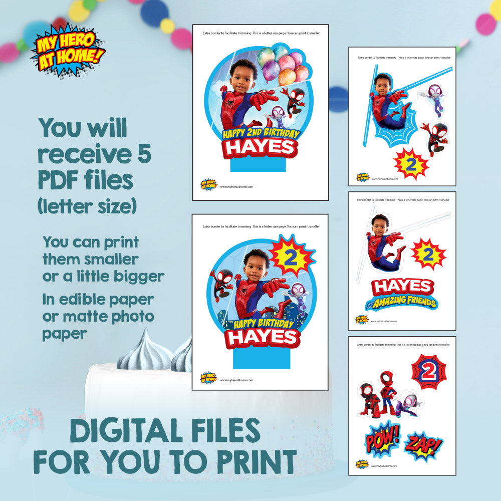 Spidey and his amazing friends birthday cake topper with kid as Spiderman (Print, Cut, Assemble). 740CT