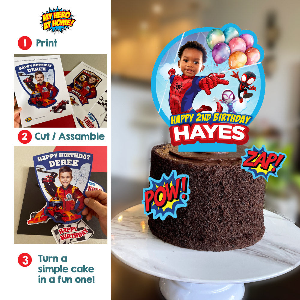 Spidey and his amazing friends birthday cake topper with kid as Spiderman (Print, Cut, Assemble). 740CT