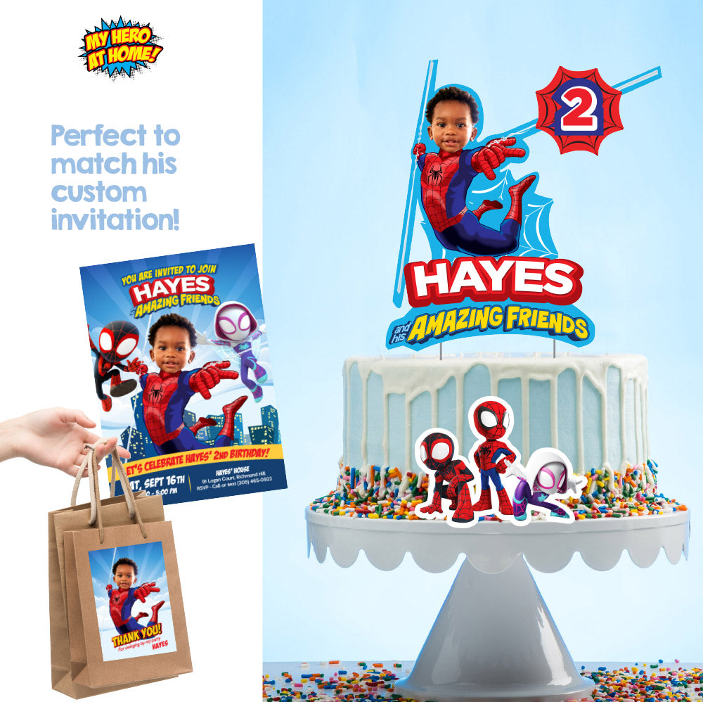 Spidey and his amazing friends birthday cake topper with kid as Spiderman (Print, Cut, Assemble). 740CT
