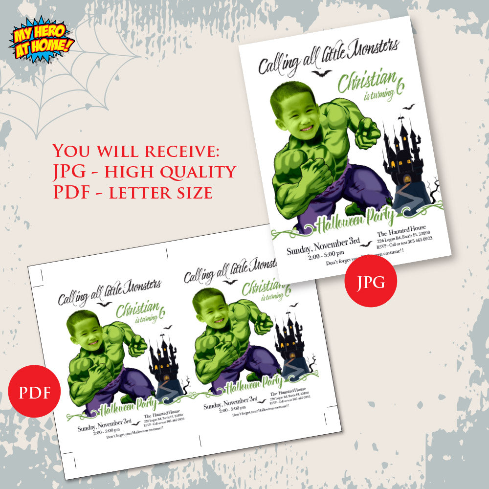 Hulk Halloween birthday Invitation with photo, Hulk Halloween party, Halloween Hulk halloween template. 2055
