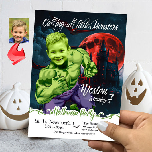 Hulk Calling all monsters Halloween Party Invitation with your kid as Hulk, Superhero halloween template. 2059