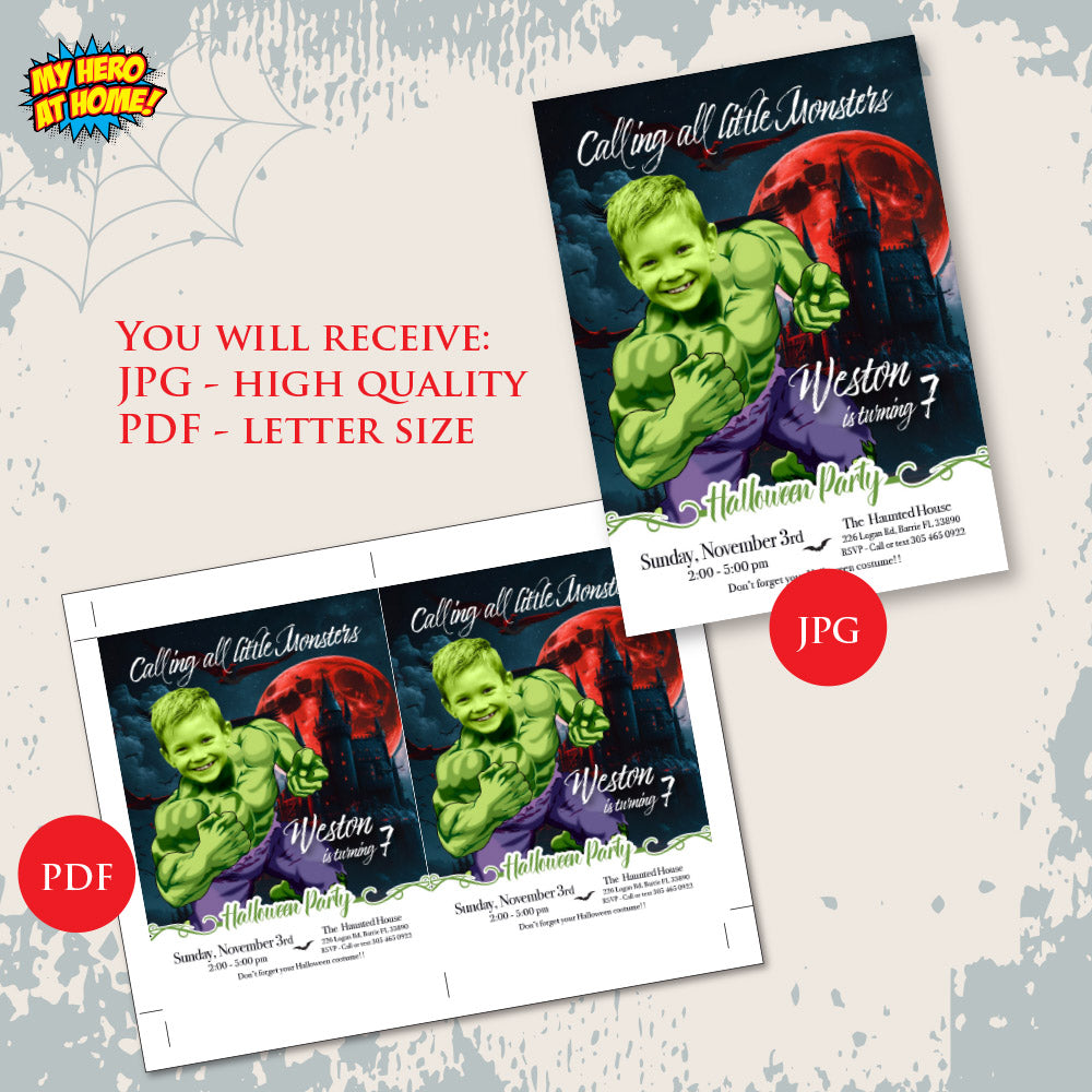 Hulk Calling all monsters Halloween Party Invitation with your kid as Hulk, Superhero halloween template. 2059