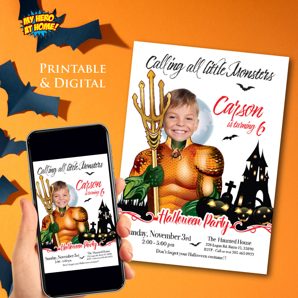 Aquaman Halloween birthday Invitation, Halloween Aquaman template, Aquaman invitation for Halloween party. 2076