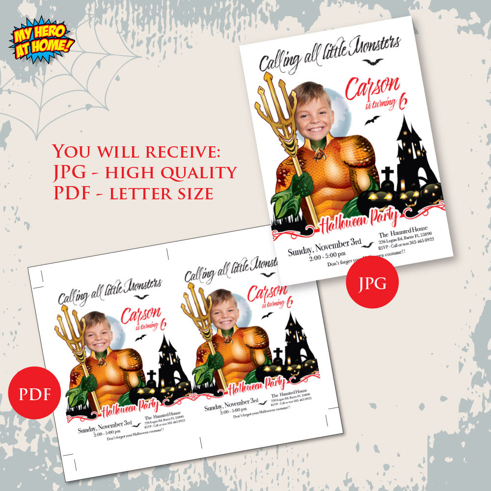 Aquaman Halloween birthday Invitation, Halloween Aquaman template, Aquaman invitation for Halloween party. 2076