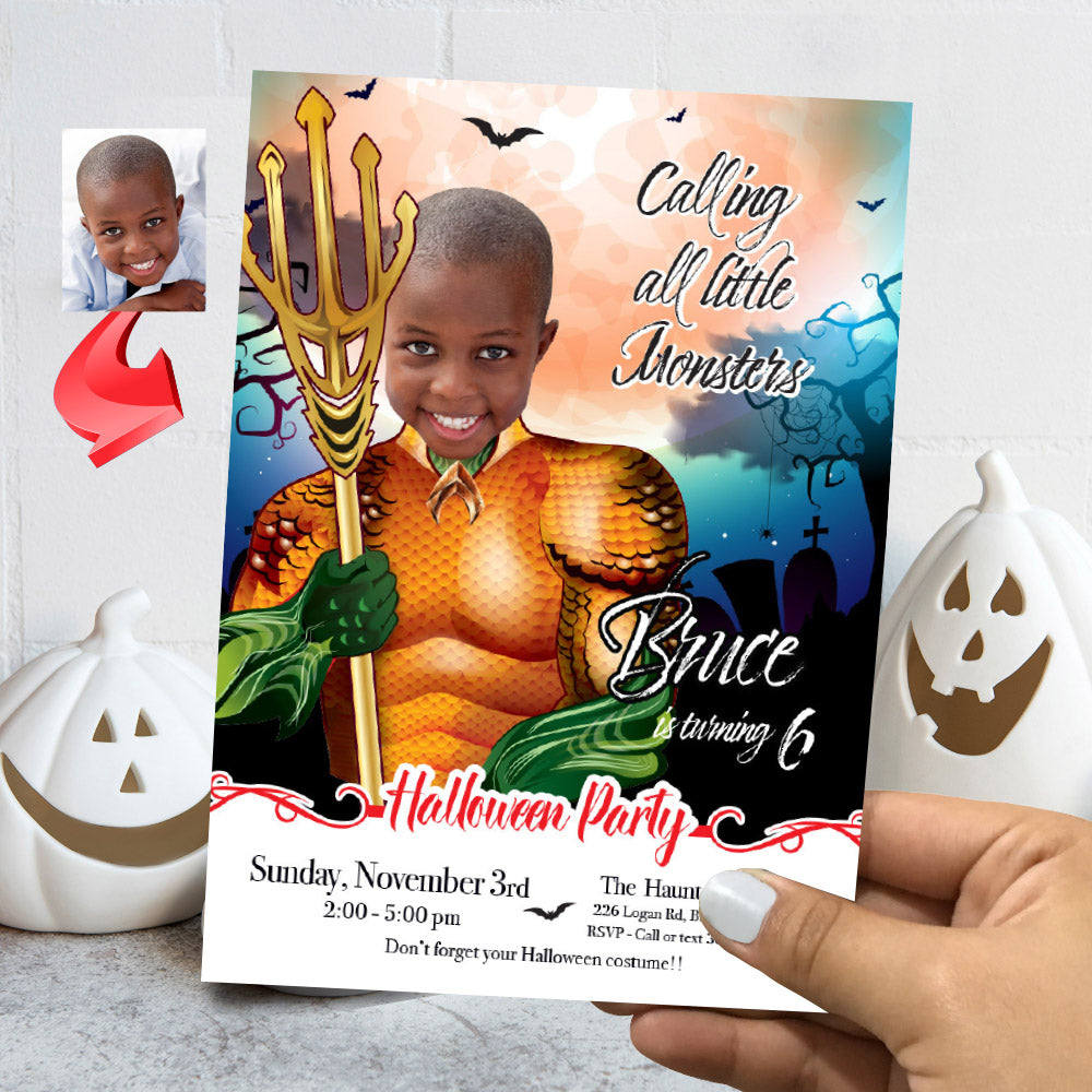 Aquaman Halloween birthday party template, Halloween Aquaman invite, Spooky Aquaman digital invite. 2077