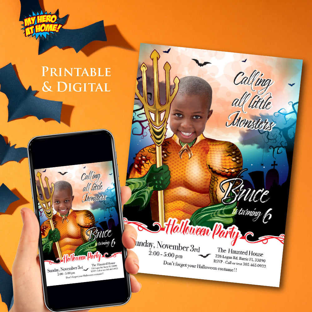 Aquaman Halloween birthday party template, Halloween Aquaman invite, Spooky Aquaman digital invite. 2077
