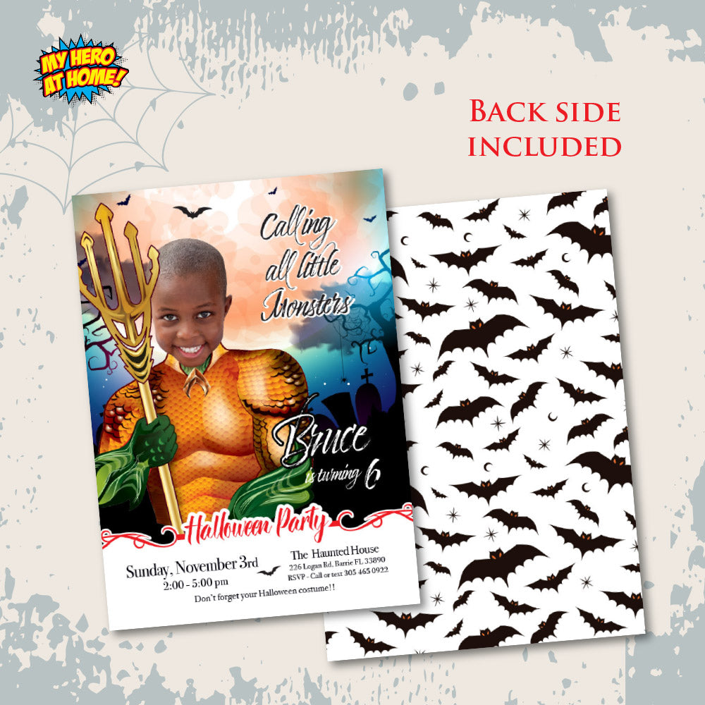 Aquaman Halloween birthday party template, Halloween Aquaman invite, Spooky Aquaman digital invite. 2077