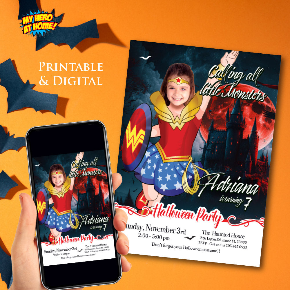 Wonder Woman Halloween birthday Invitation, Halloween Wonder Woman template, Wonder Girl invite for Halloween party. 2078