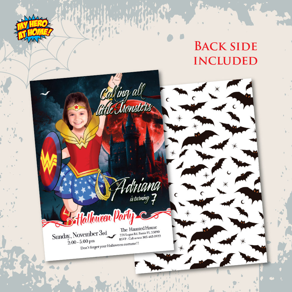 Wonder Woman Halloween birthday Invitation, Halloween Wonder Woman template, Wonder Girl invite for Halloween party. 2078