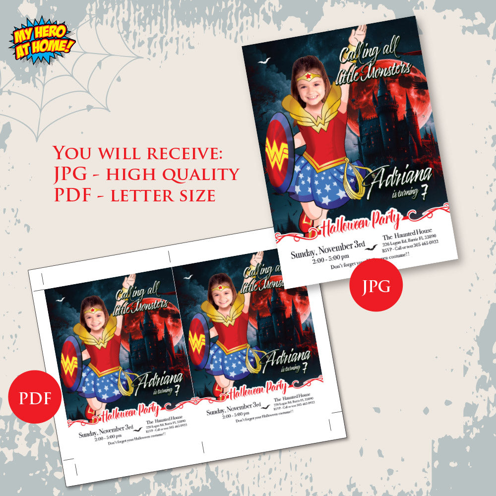 Wonder Woman Halloween birthday Invitation, Halloween Wonder Woman template, Wonder Girl invite for Halloween party. 2078