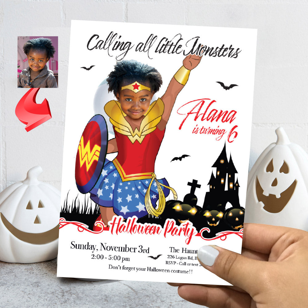 Wonder Girl Halloween birthday party template, Halloween Wonder Woman invite, Spooky Wonder Woman evite. 2079
