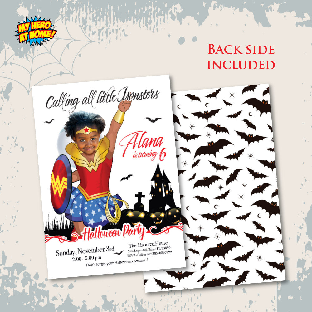 Wonder Girl Halloween birthday party template, Halloween Wonder Woman invite, Spooky Wonder Woman evite. 2079