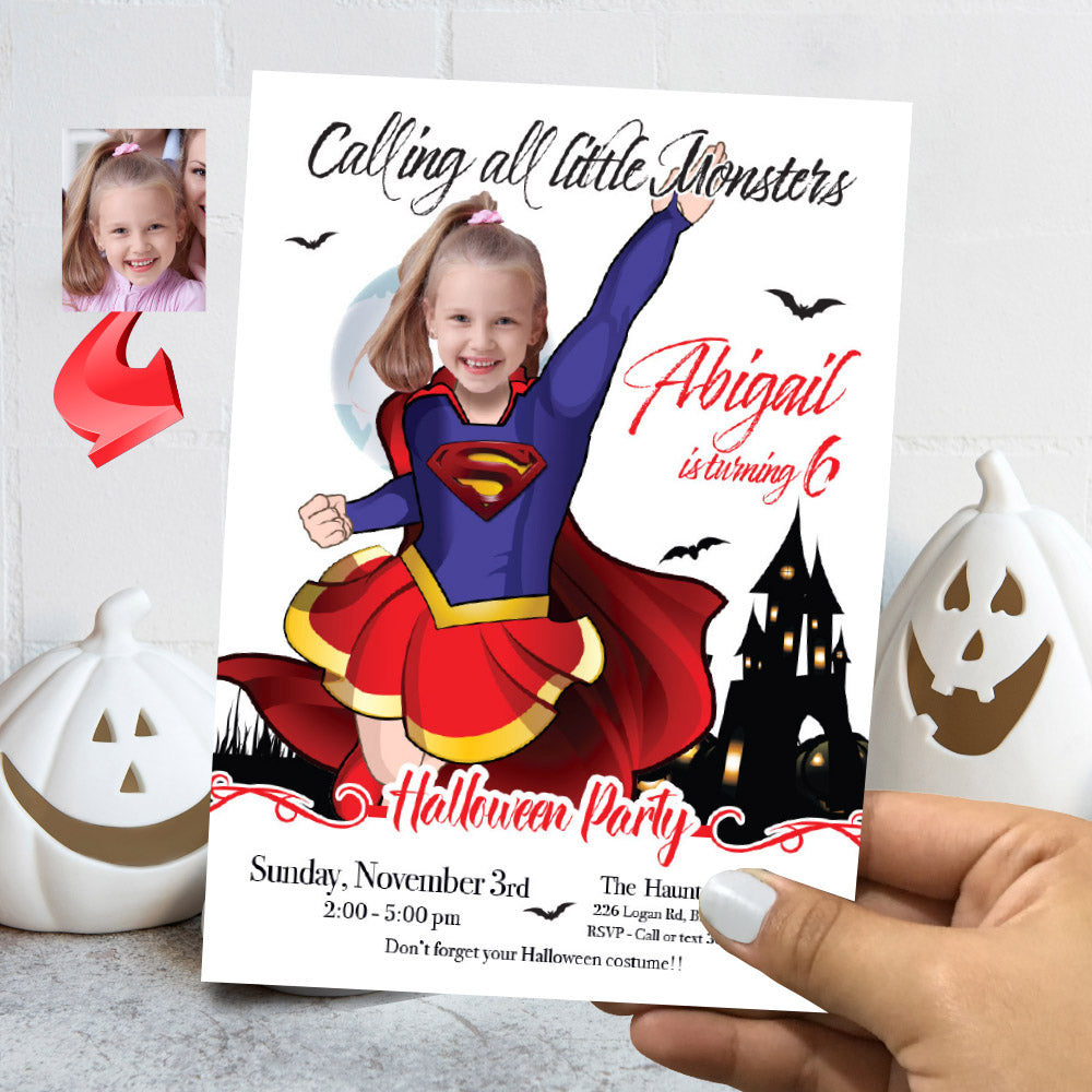 Supergirl Halloween birthday Invitation, Halloween Supergirl template, Supergirl birthday Halloween party. 2080