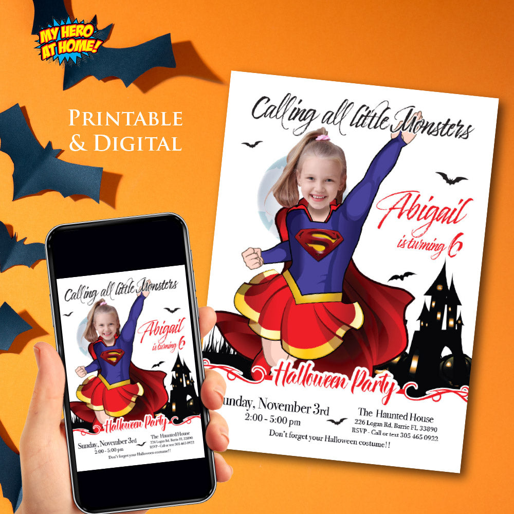 Supergirl Halloween birthday Invitation, Halloween Supergirl template, Supergirl birthday Halloween party. 2080