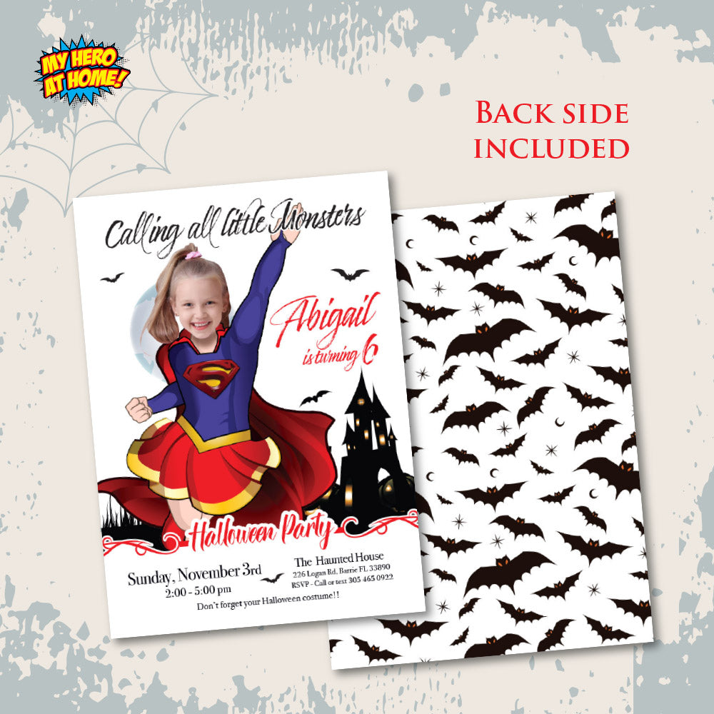 Supergirl Halloween birthday Invitation, Halloween Supergirl template, Supergirl birthday Halloween party. 2080