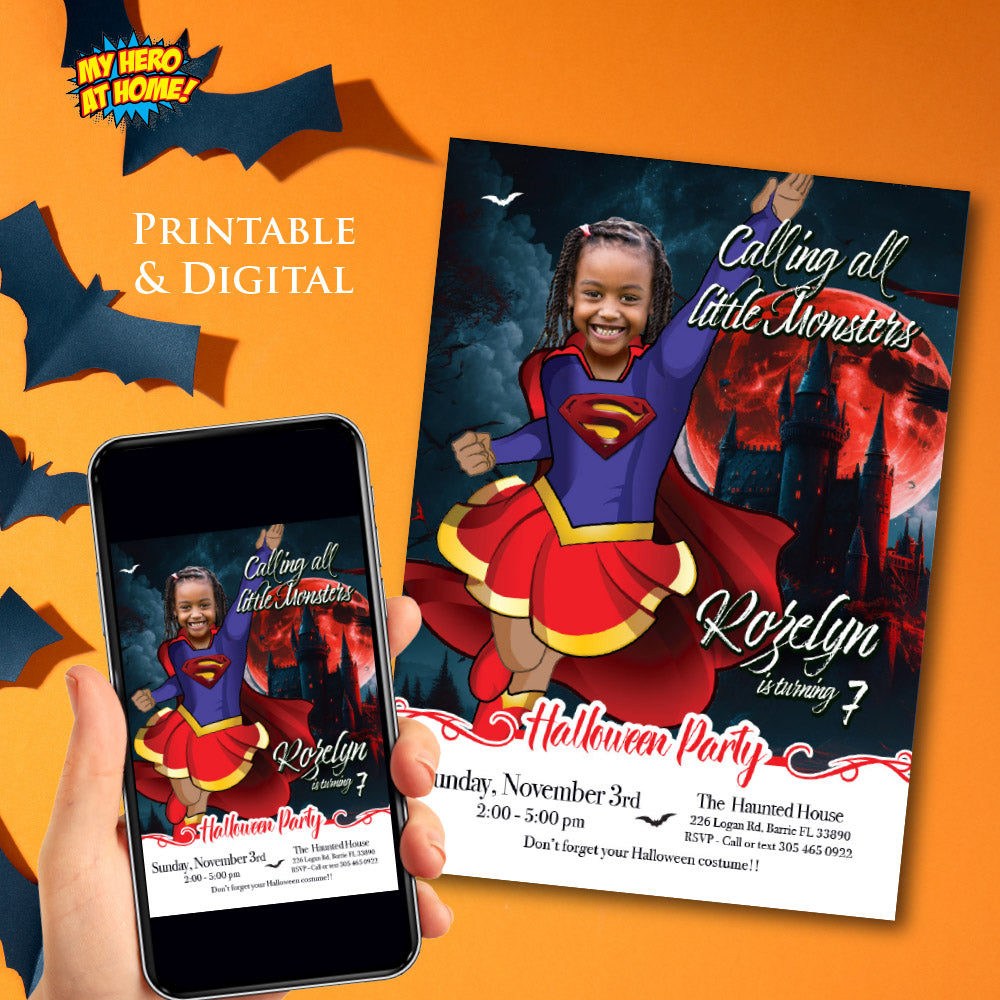 Supergirl Halloween birthday party template, Halloween Supergirl invite, Supergirl birthday invitation themed Halloween. 2081
