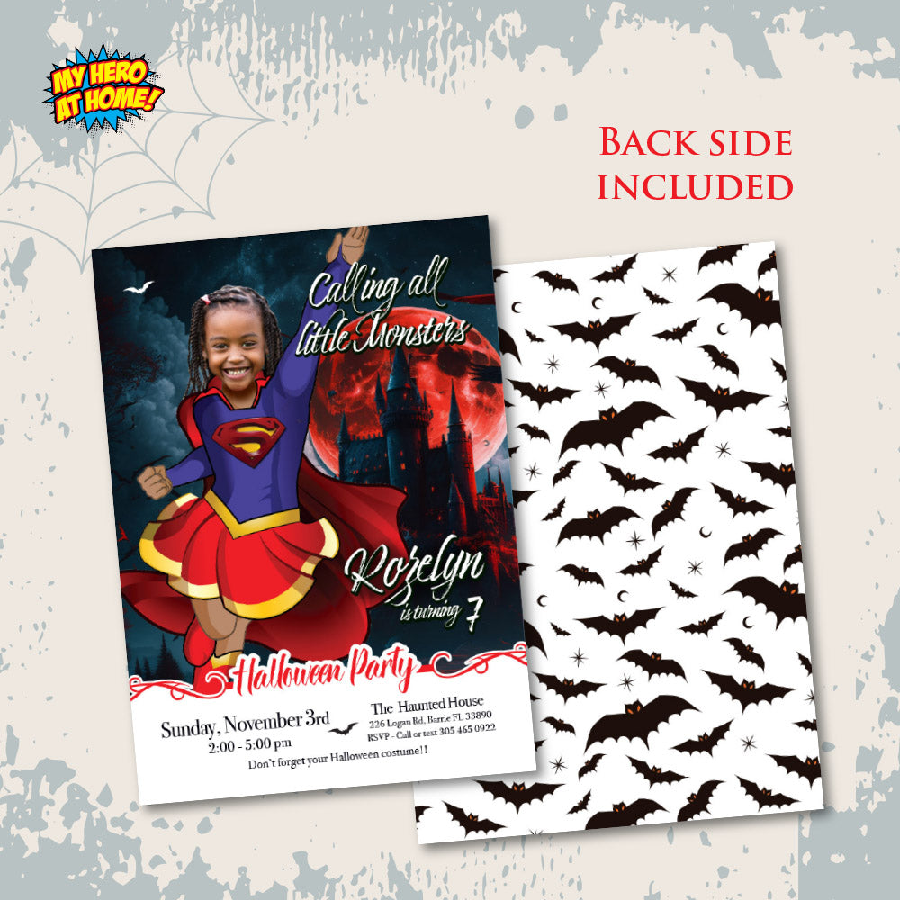 Supergirl Halloween birthday party template, Halloween Supergirl invite, Supergirl birthday invitation themed Halloween. 2081