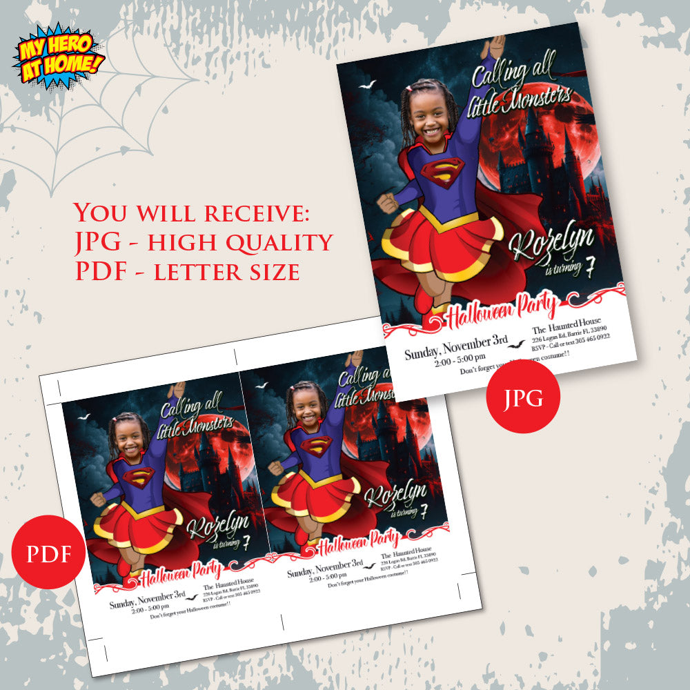 Supergirl Halloween birthday party template, Halloween Supergirl invite, Supergirl birthday invitation themed Halloween. 2081