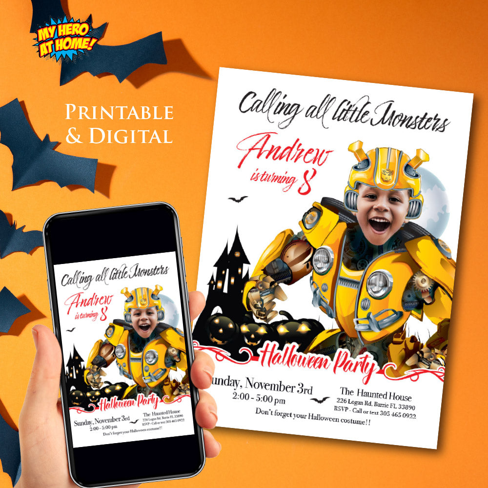 Bumblebee Halloween birthday Invitation, Halloween Bumblebee template, Bumblebee invitation for Halloween party. 2084