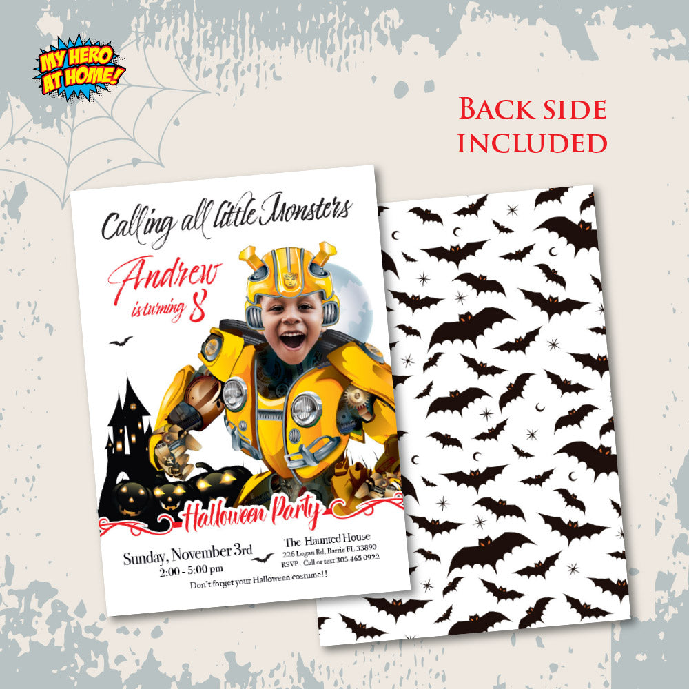 Bumblebee Halloween birthday Invitation, Halloween Bumblebee template, Bumblebee invitation for Halloween party. 2084