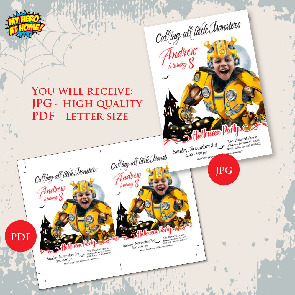 Bumblebee Halloween birthday Invitation, Halloween Bumblebee template, Bumblebee invitation for Halloween party. 2084