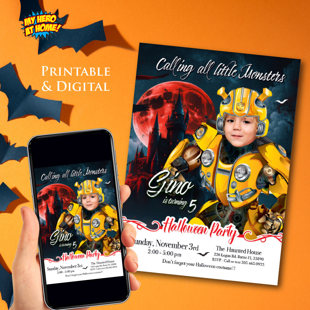 Autobots Halloween birthday party template, Transformers Autobots invite, Autobots invitation for Halloween party. 2085