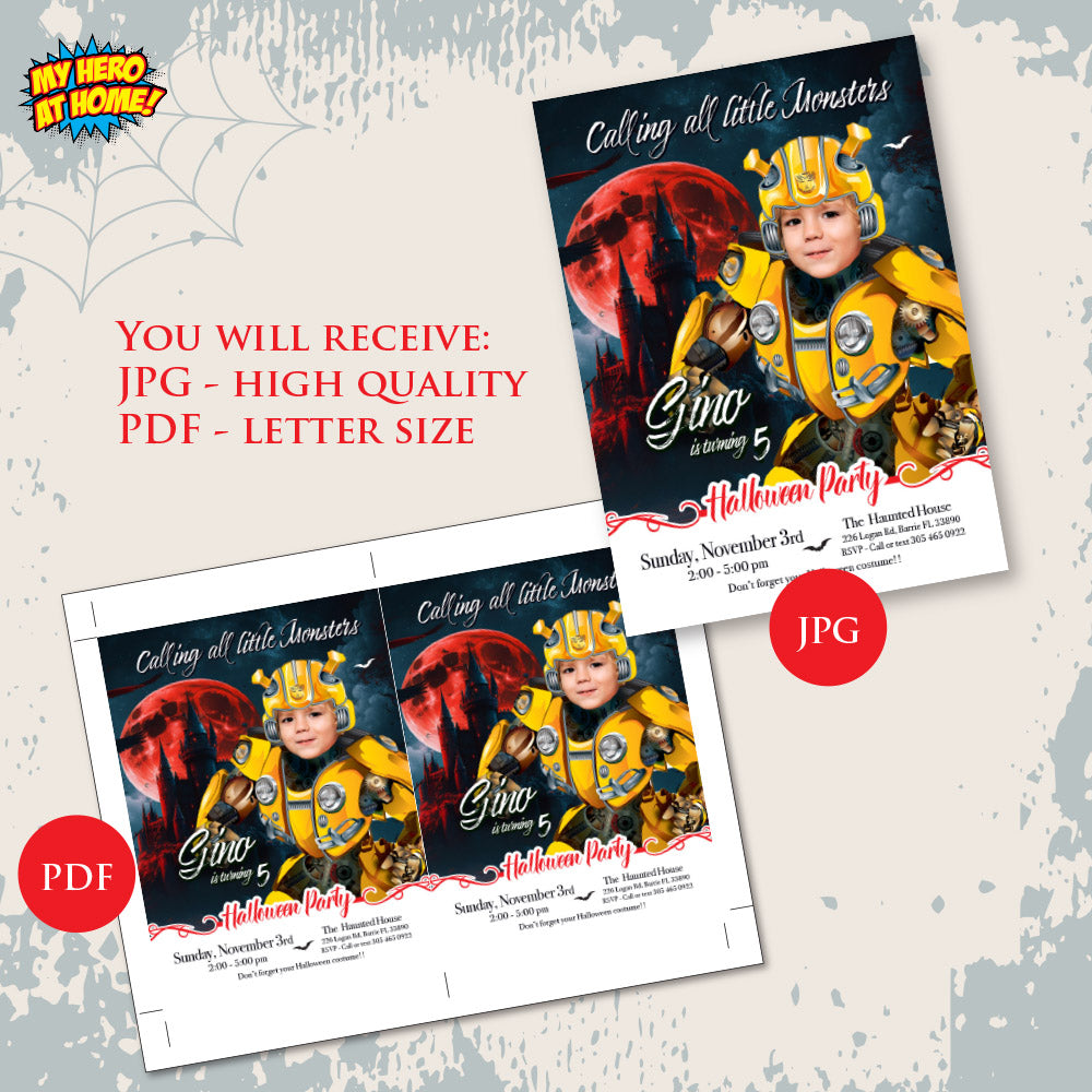 Autobots Halloween birthday party template, Transformers Autobots invite, Autobots invitation for Halloween party. 2085
