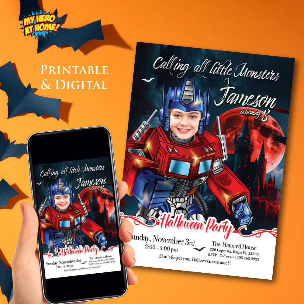 Optimus Prime Halloween birthday Invitation, Halloween Optimus Prime template, Optimus Prime invitation for Halloween party. 2086