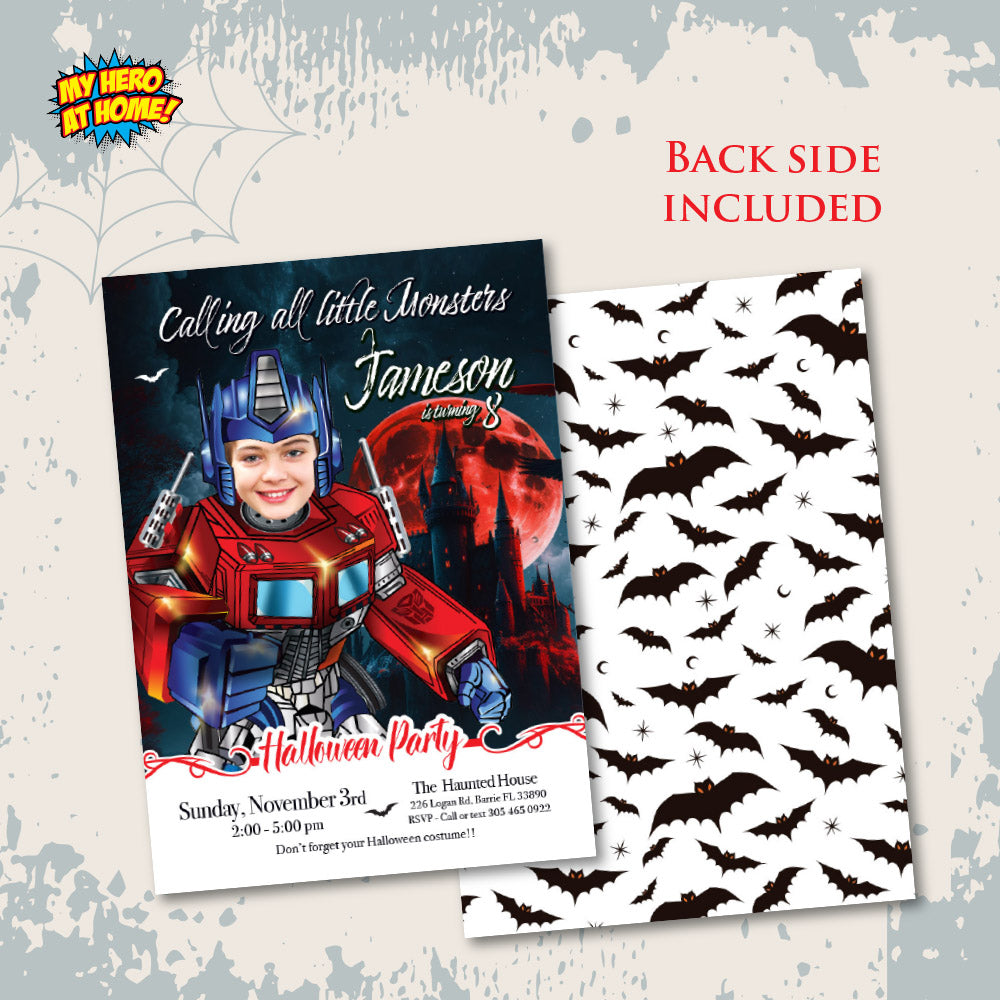 Optimus Prime Halloween birthday Invitation, Halloween Optimus Prime template, Optimus Prime invitation for Halloween party. 2086