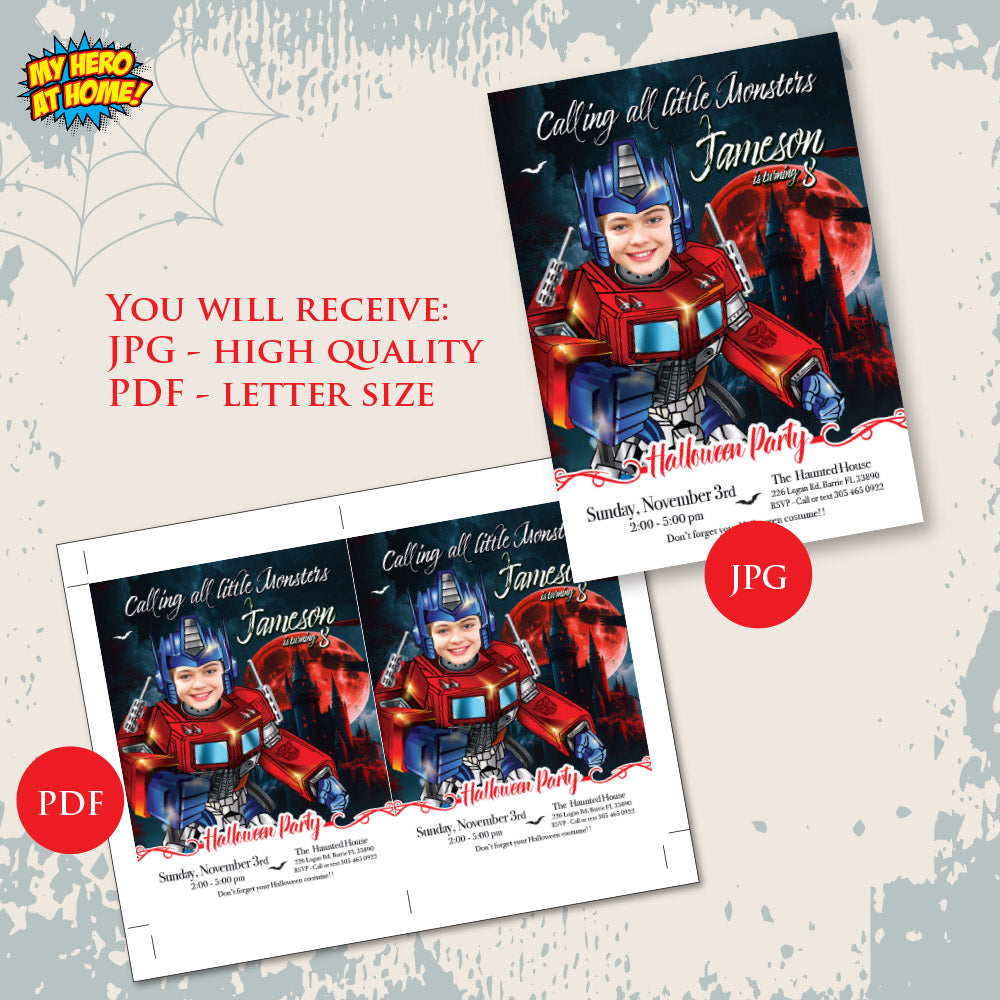 Optimus Prime Halloween birthday Invitation, Halloween Optimus Prime template, Optimus Prime invitation for Halloween party. 2086