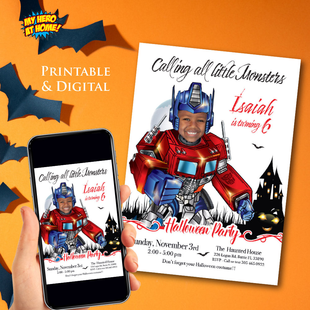 Transformers Halloween birthday party template, Optimus Prime Halloween invite, Autobots invitation for Halloween party. 2087