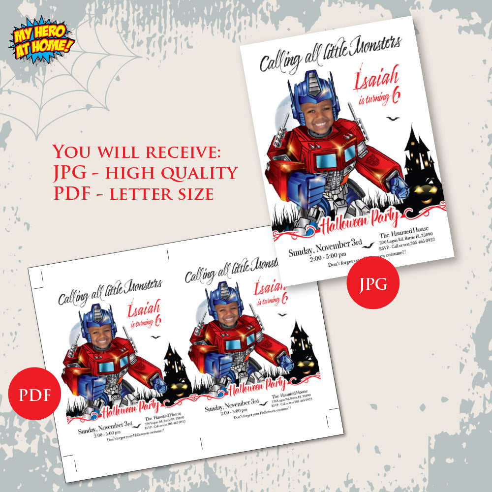 Transformers Halloween birthday party template, Optimus Prime Halloween invite, Autobots invitation for Halloween party. 2087