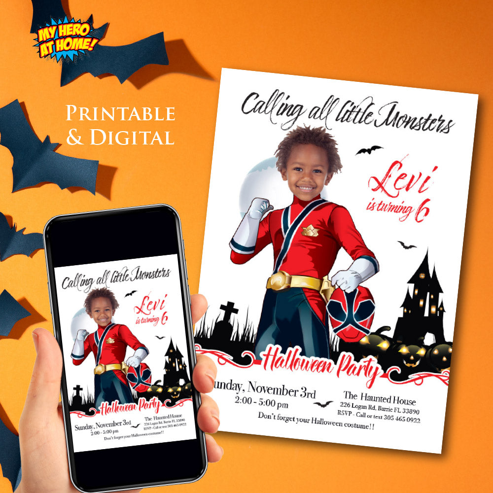 Power Rangers Halloween party Invite, Power Rangers Halloween template, Power Rangers Halloween themed party. 2089