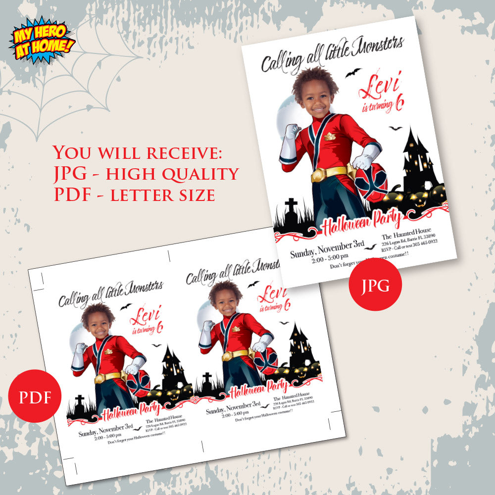 Power Rangers Halloween party Invite, Power Rangers Halloween template, Power Rangers Halloween themed party. 2089