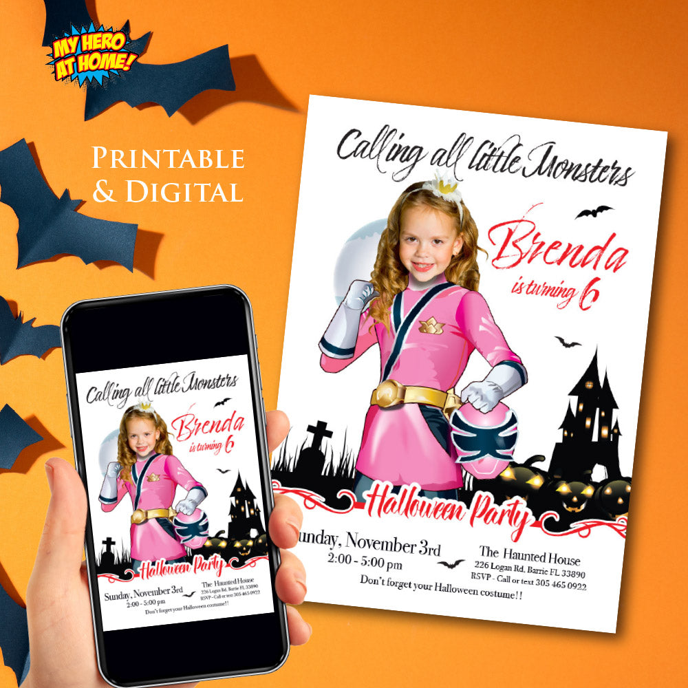 Pink Power Rangers Halloween party Invitation, Girl Power Rangers Halloween template, Power Rangers girl birthday. 2090