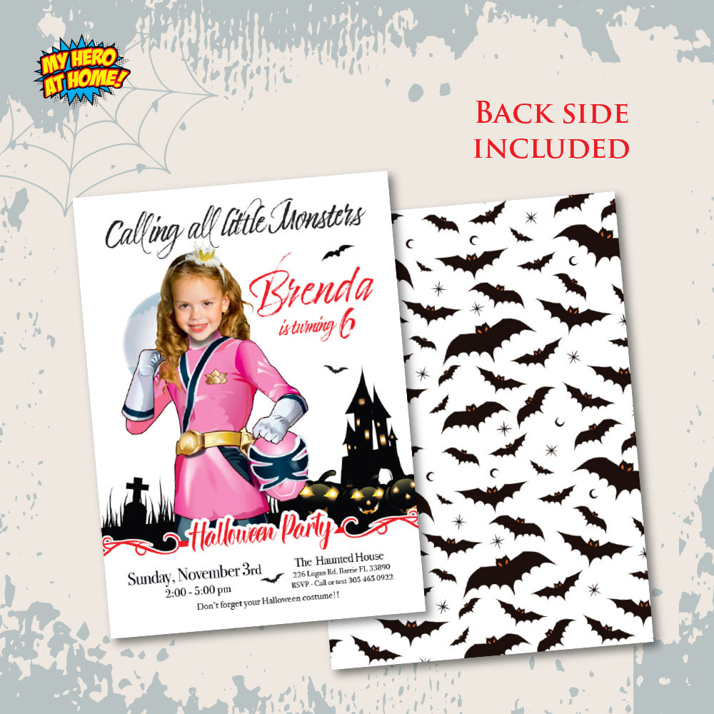 Pink Power Rangers Halloween party Invitation, Girl Power Rangers Halloween template, Power Rangers girl birthday. 2090