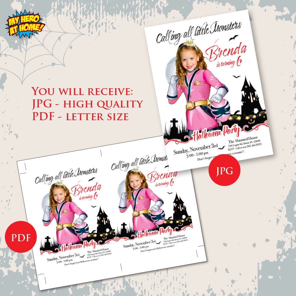 Pink Power Rangers Halloween party Invitation, Girl Power Rangers Halloween template, Power Rangers girl birthday. 2090
