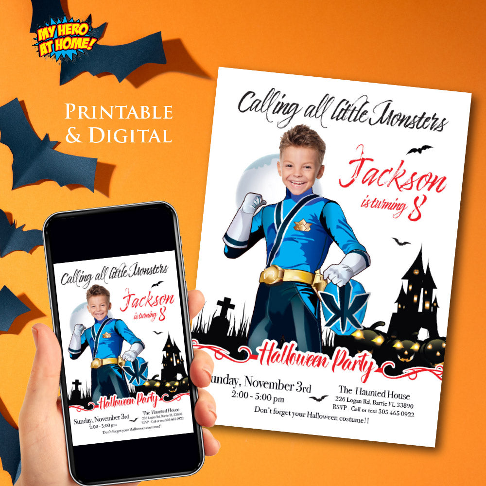 Blue Power Rangers Halloween party Invitation, Halloween Blue Power Ranger template, Blue Ranger birthday invite. 2092