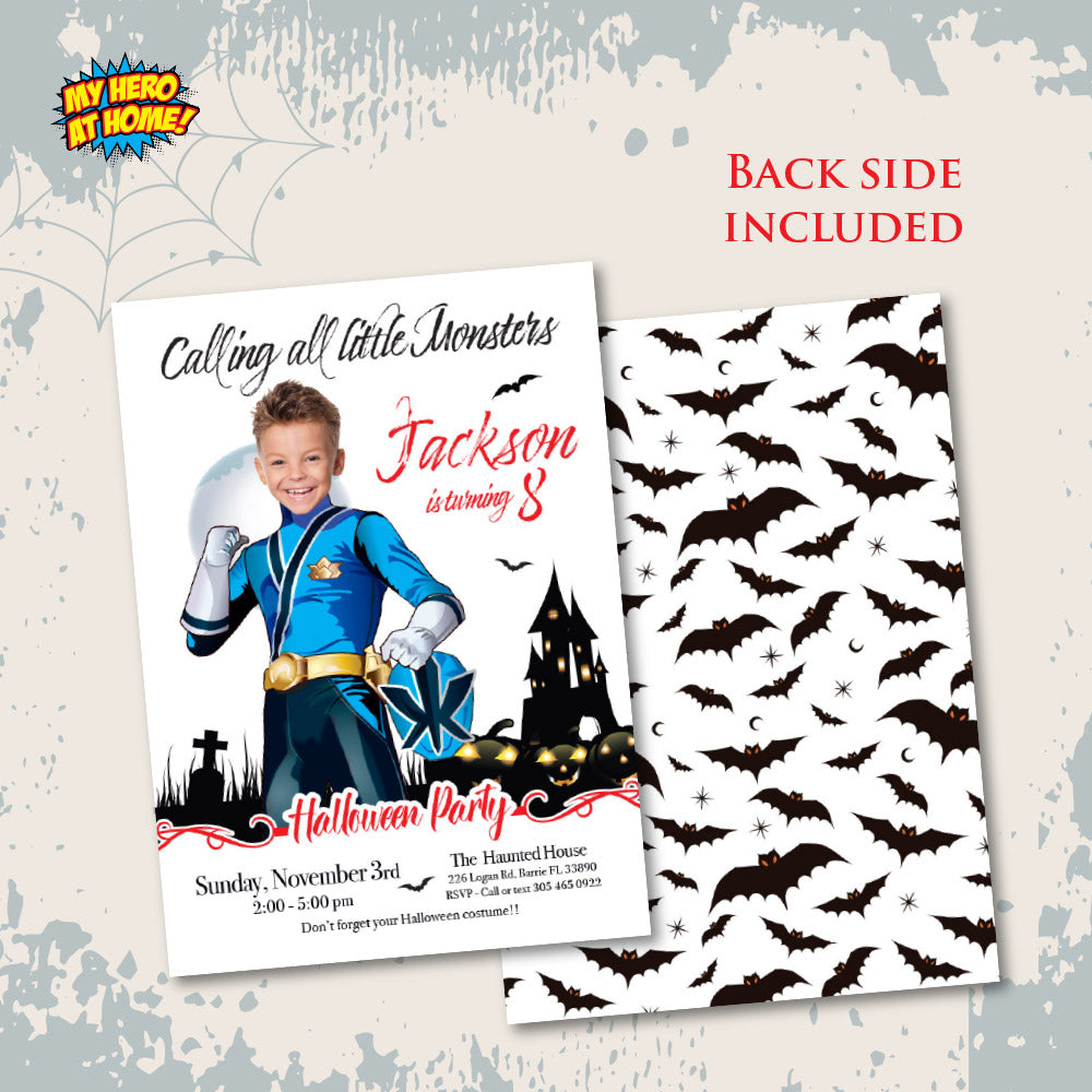 Blue Power Rangers Halloween party Invitation, Halloween Blue Power Ranger template, Blue Ranger birthday invite. 2092