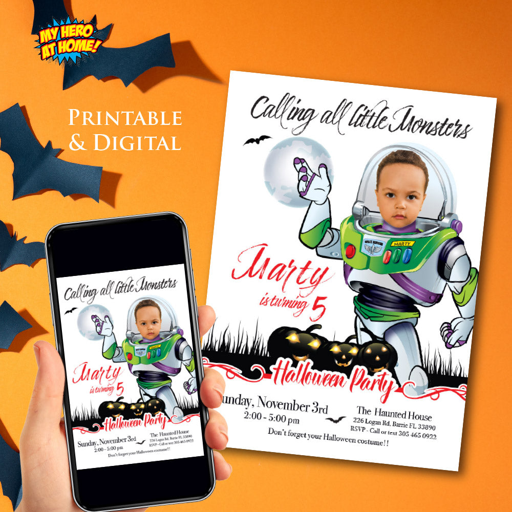Toy Story Halloween Birthday Invitation with child as Buzz Lightyear. 2093