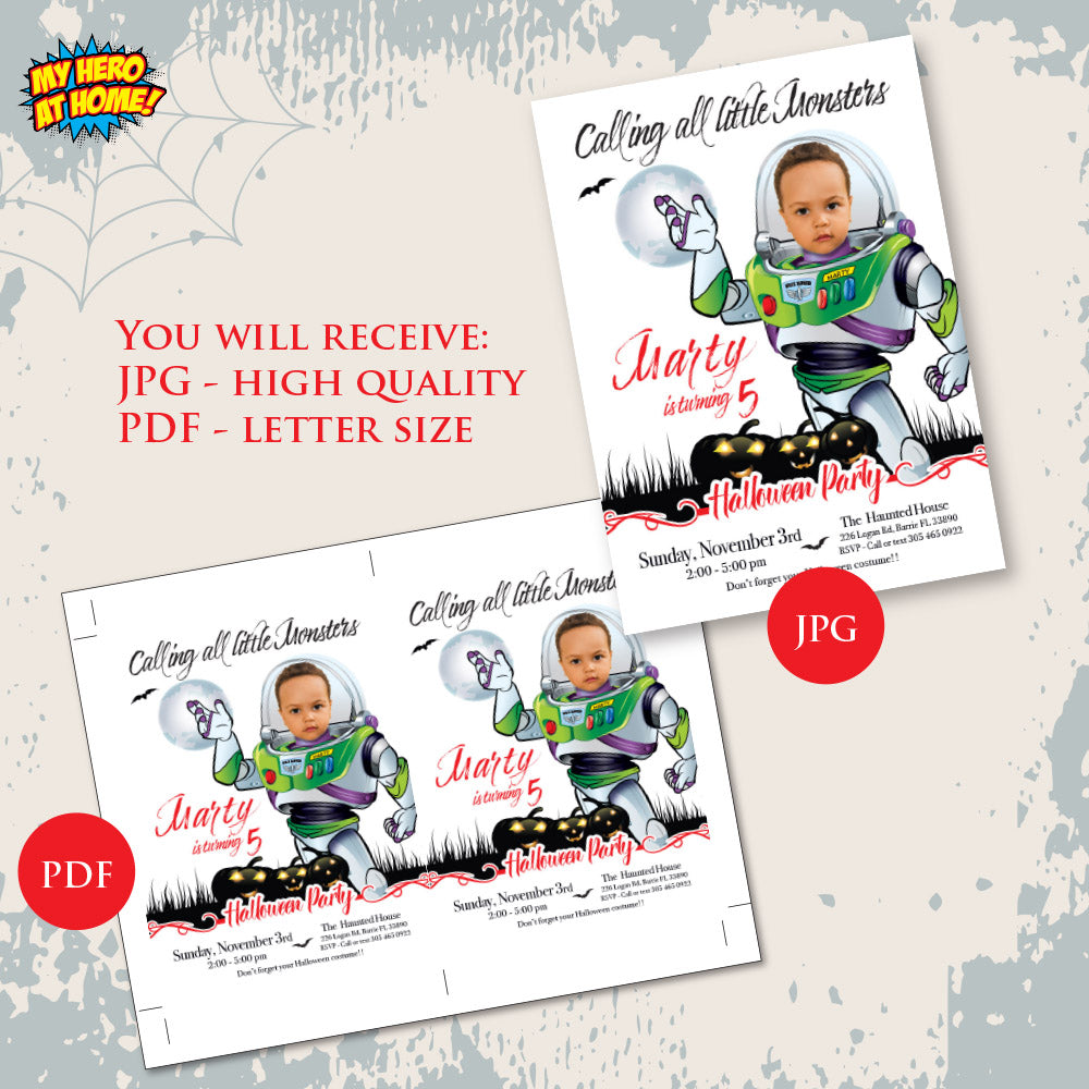 Toy Story Halloween Birthday Invitation with child as Buzz Lightyear. 2093
