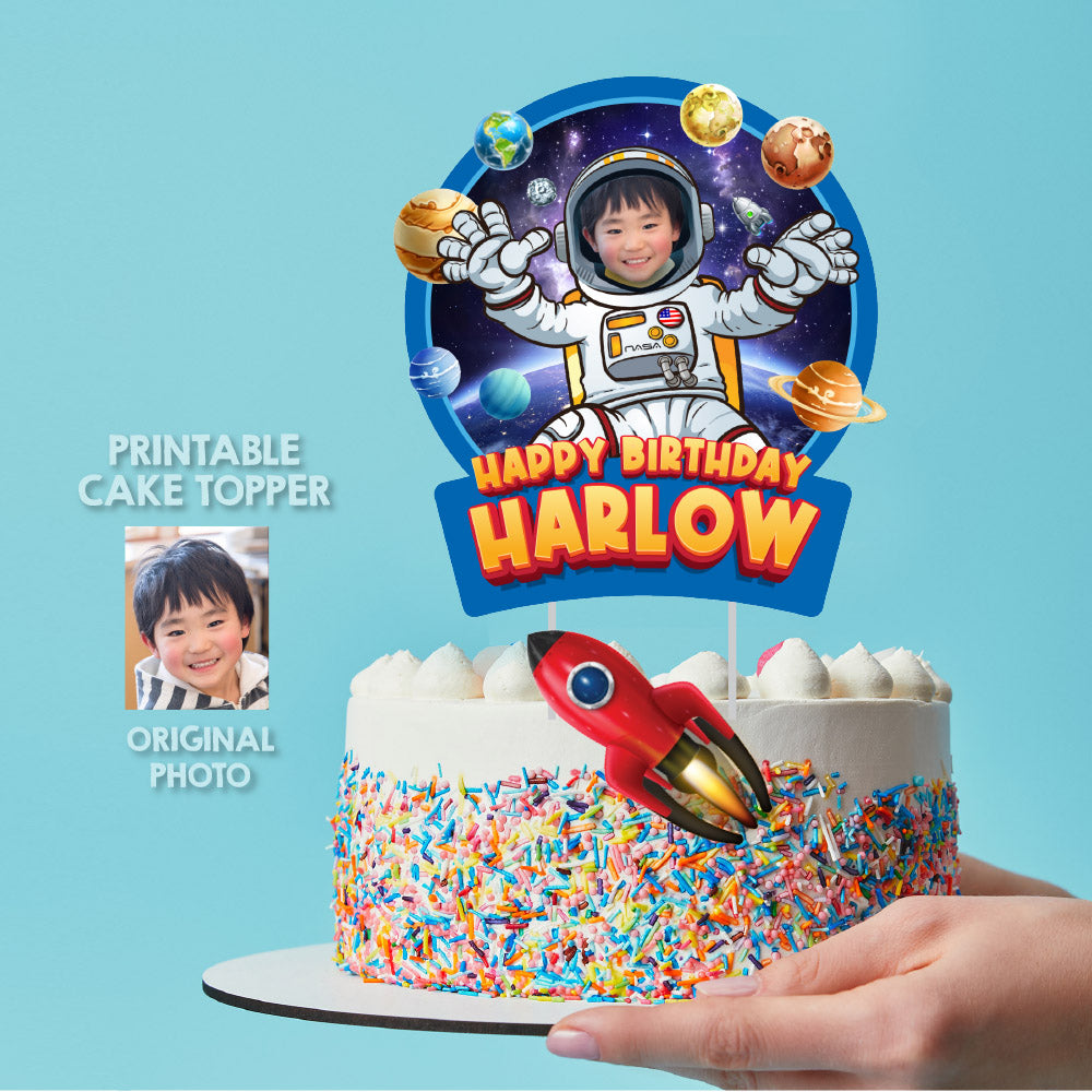 Personalized Astronaut Cake topper featuring your birthday kid in Outer Space. 2095CT