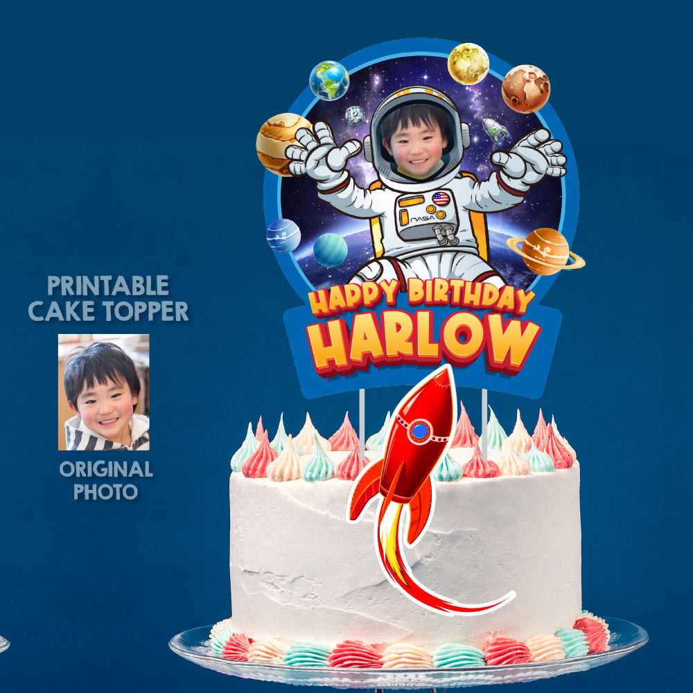 Personalized Astronaut Cake topper featuring your birthday kid in Outer Space. 2095CT