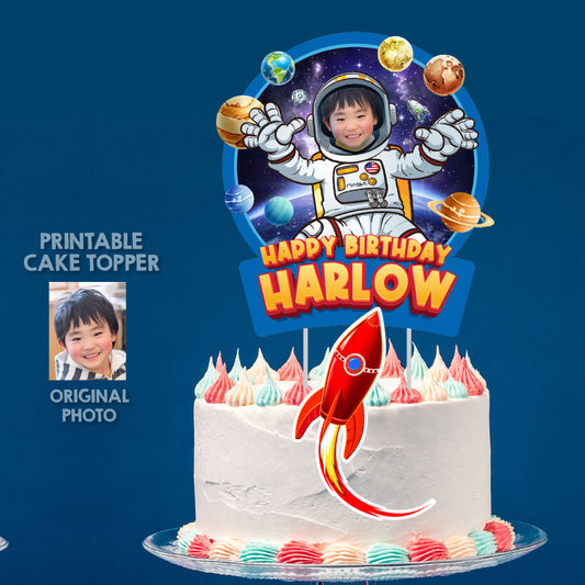Personalized Astronaut Cake topper featuring your birthday kid in Outer Space. 2095CT