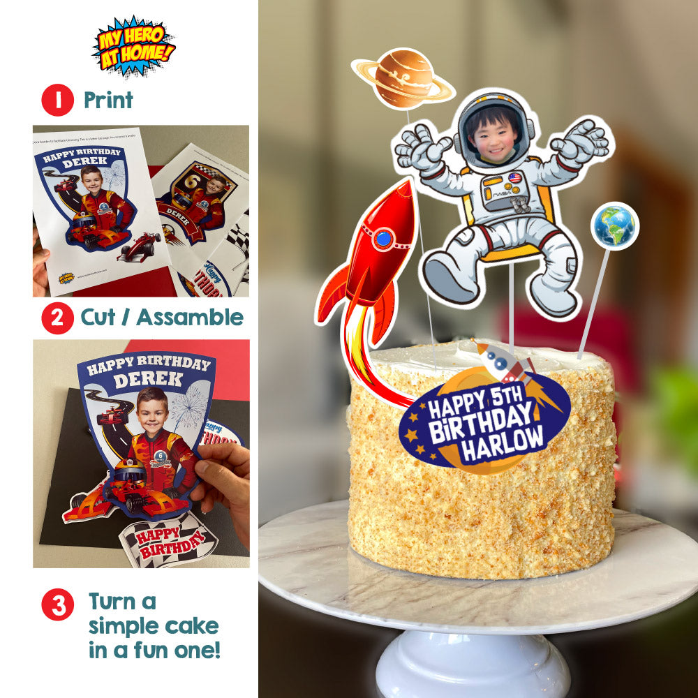 Personalized Astronaut Cake topper featuring your birthday kid in Outer Space. 2095CT