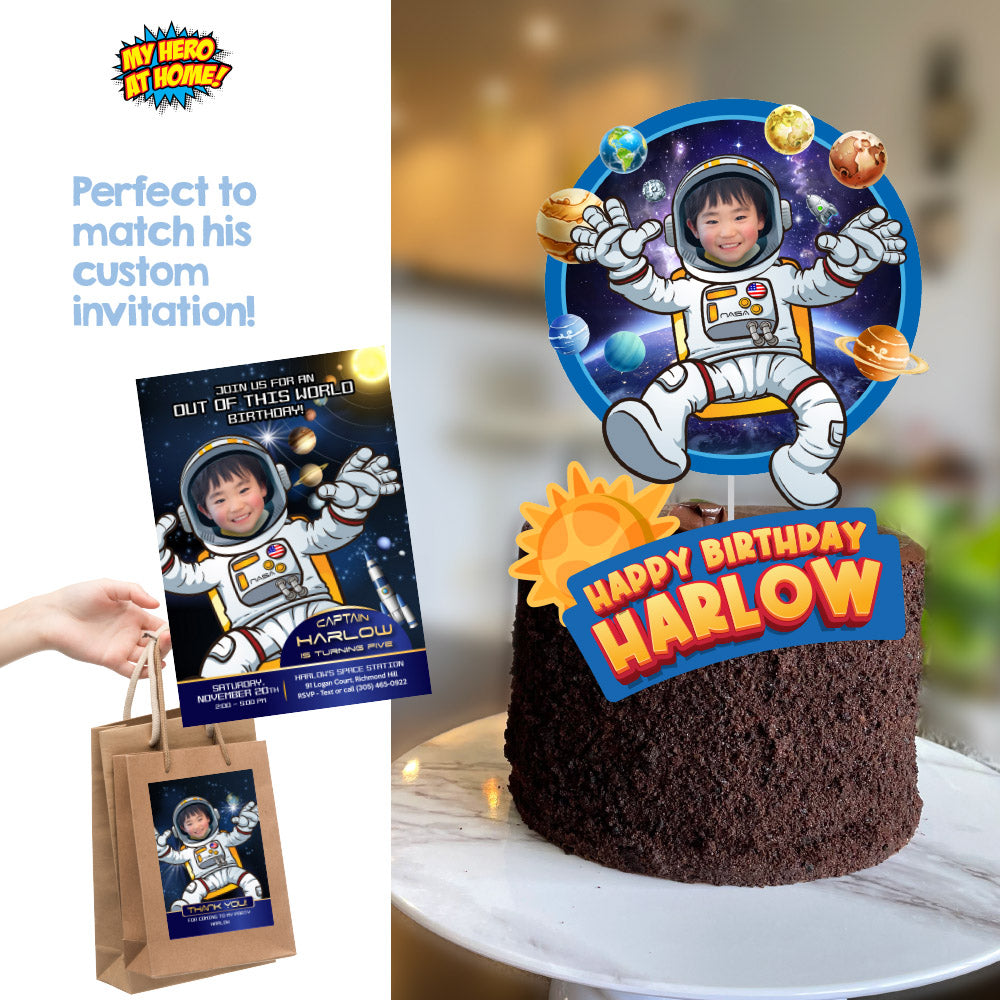 Personalized Astronaut Cake topper featuring your birthday kid in Outer Space. 2095CT