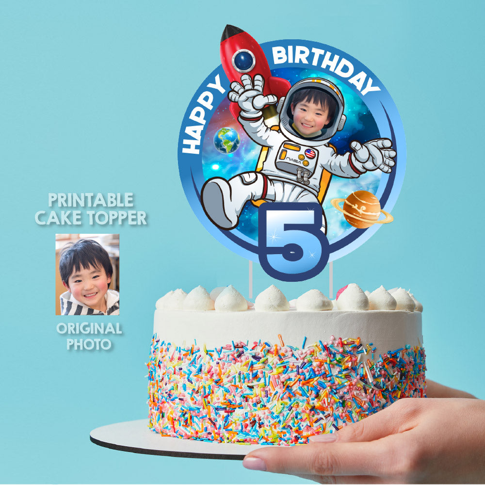 Printable Outer Space Cake topper featuring birthday kid as an Astronaut (Print, cut, assemble). 2095CT2