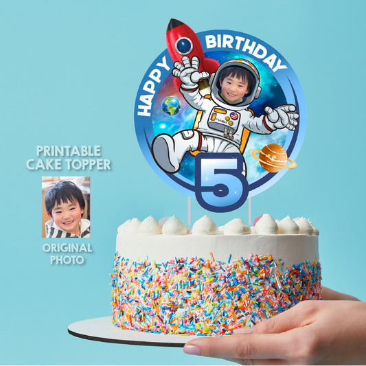 Printable Outer Space Cake topper featuring birthday kid as an Astronaut (Print, cut, assemble). 2095CT2