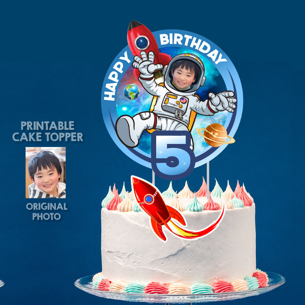Printable Outer Space Cake topper featuring birthday kid as an Astronaut (Print, cut, assemble). 2095CT2